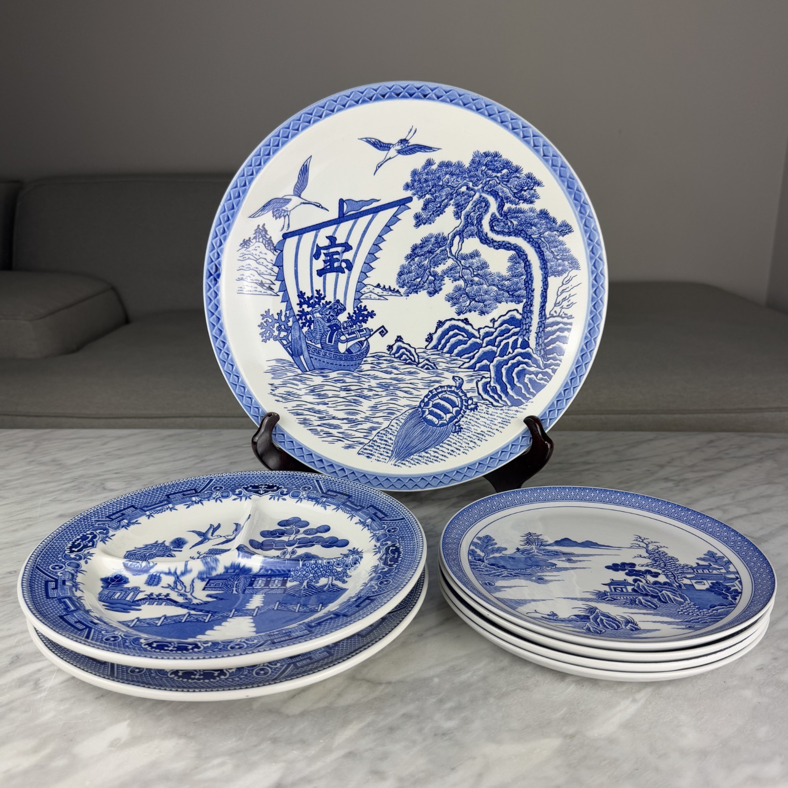 Of 7 Spode Blue Willow Pattern Plates England Asian New York