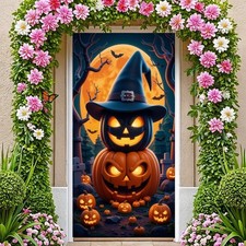 Halloween Door Banner Hanging Pumpkin Black Cat Graveyard Backdrop Decor US