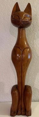 vintage 30 inch solid, teak, hand carved MCM Siamese cat sculpture