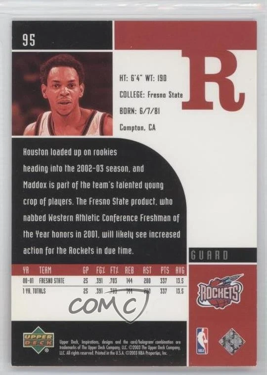 2002-03 Upper Deck Inspirations Tito Maddox Steve Francis #95 Rookie RC - Image 2 of 2