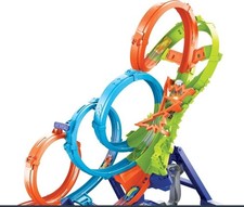 hot wheels track set with 4 loops 3 way crash zone with booster!