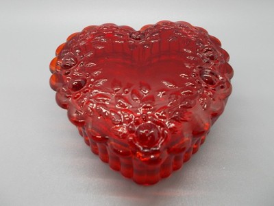 Mosser Art Glass Ruby RED Heart Shaped Glass Trinket Box - Rose designed lid  4''