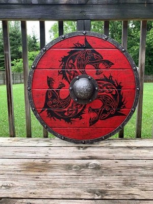 Medieval Viking Armor Shield Larp Warrior Red Wolf Fenrir Round Shield X-Mas