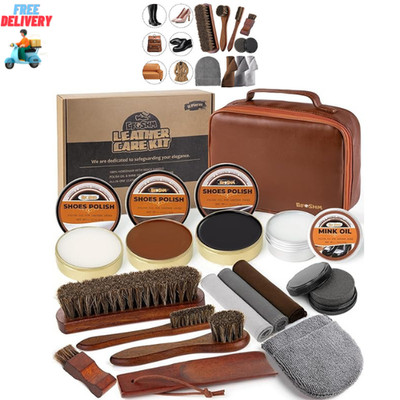 Shoe Shine Kit   15-in-1 Leather Shoe Polish & Care Set with 4 Horsehair Brus