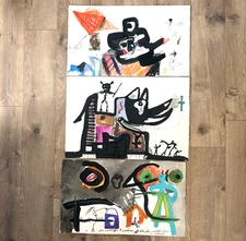 3 pc 80s Outsider Art Abstract Figural Symbolism Painting Stuart Buehler 22x40"