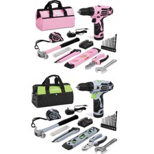 WORKPRO 12V Pink/Grey Cordless Drill Driver,61 Pcs Hand Tool Set w/Storage Bag