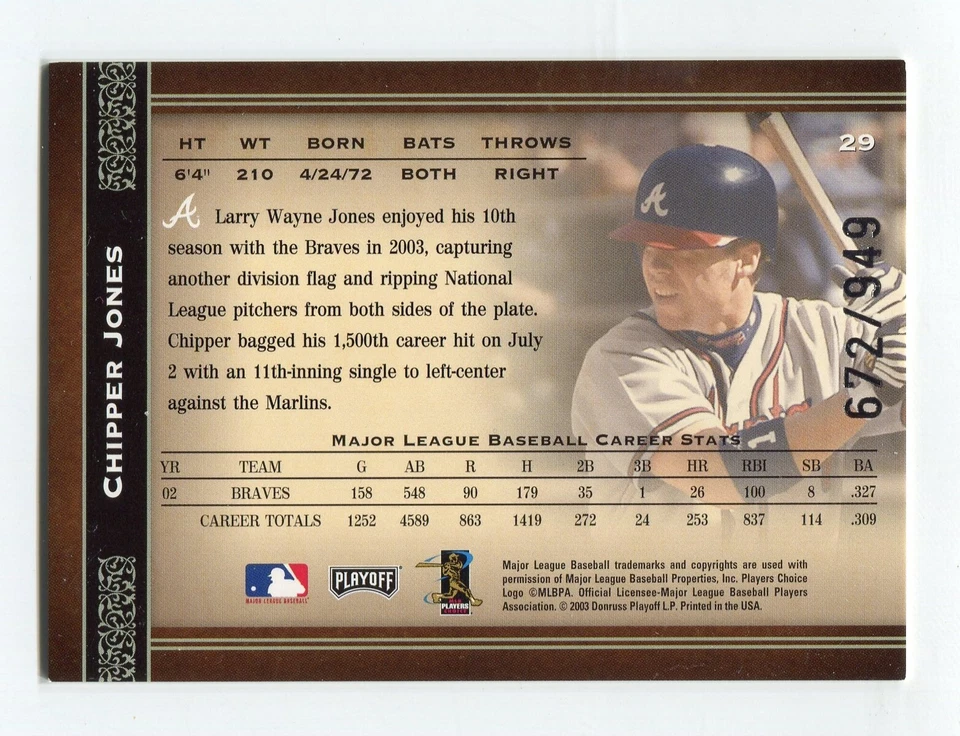 2004 Playoff Prime Cuts Chipper Jones #29 #D 672/949 Atlanta Braves HOF - Image 2 of 2