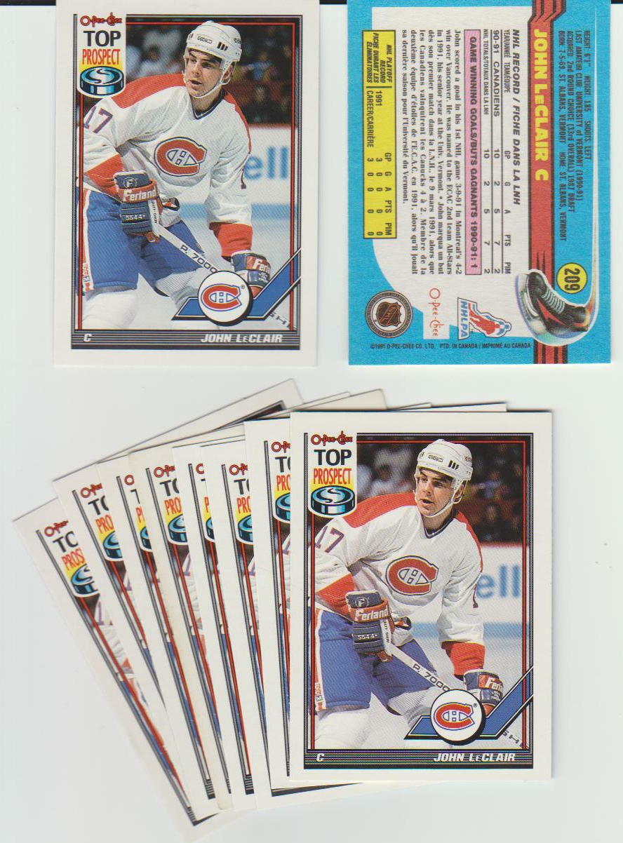 John LeClair rookie card, 1991-92 O-Pee-Chee #209, Montreal Canadiens