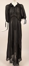 1930S SHEER BLACK SILK CHIFFON DRESS W PUFF SLEEVES W TIES + FINE RUCHING