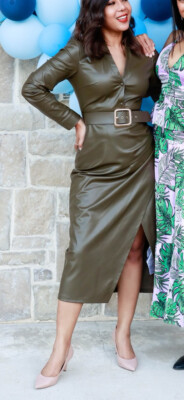 ZARA NWT WOMAN KHAKI GREEN DRAPE DRESS FAUX LEATHER BELTED 4387/319 | eBay