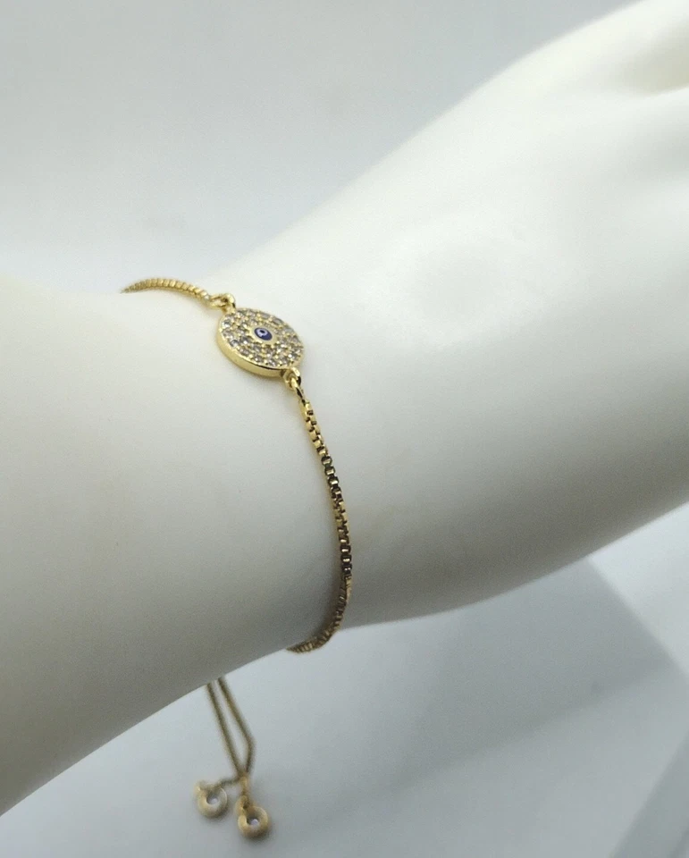 Gold Toned Evil Eye Rhinestone Bling Bracelet Jewelry Gift Easy Slip Clasp Foto 3 de 4