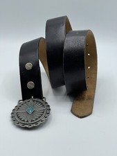 Vtg 1997 Siskiyou Pewter Southwestern Belt Buckle Black Leather Belt USA Sz 42