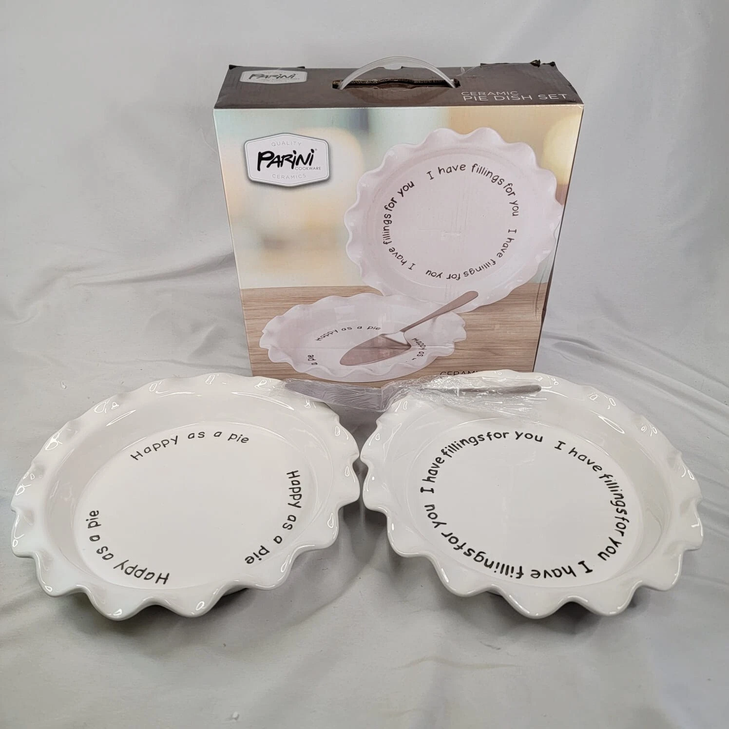 Parini White Ceramic Pie Dish Set w/2 Pie Dishes 11"W & Serving Spatula Open Box