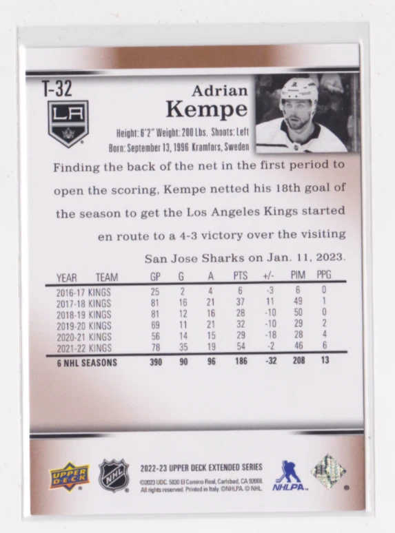 2022-23 UD EXTENDED SERIES RETRO INSERT ADRIAN KEMPE #T-32 LOS ANGELES KINGS - Image 2 of 2