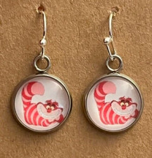 Stainless Steel Hypoallergenic Dangle Earrings Cheshire Cat Alice Mad