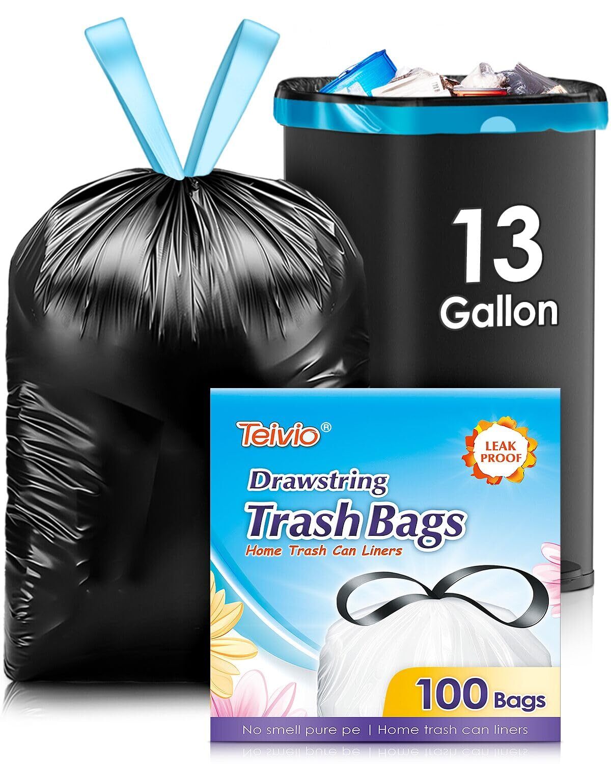 13 Gallon 100 Counts Strong Tall Kitchen Drawstring Trash Bags, Medium Plasti...
