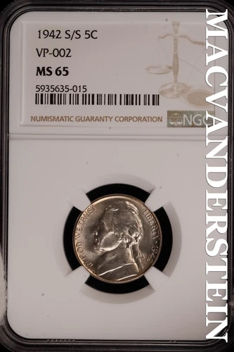 1942 S/S Jefferson Nickel VP-002 -NGC MS 65 Brilliant Unc FS-501 #SLF160