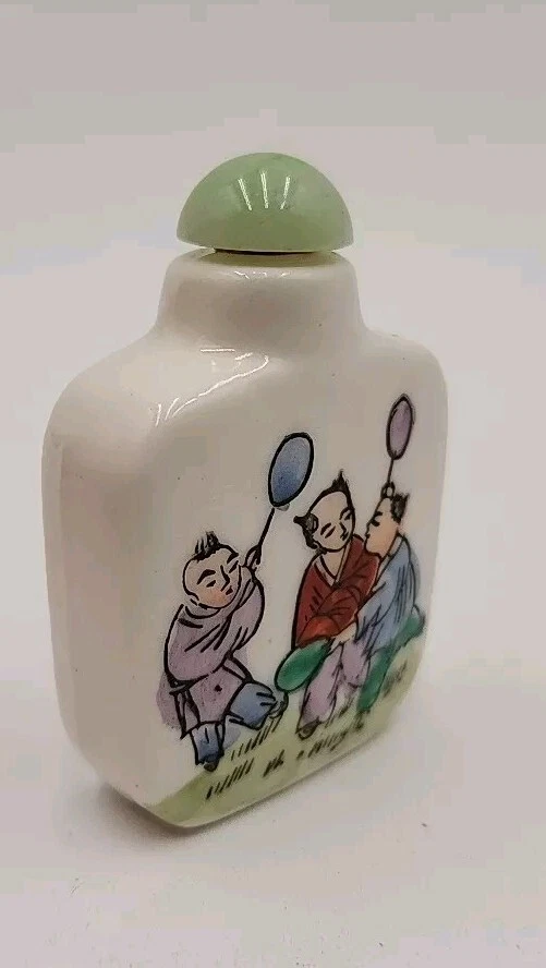 Antique Chinese Snuff or Perfume Bottle Men Playing Sport Soapstone Lid - Image 3 of 4
