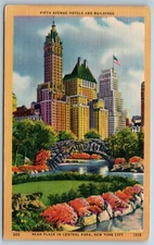 Postcard Fifth Avenue Hotels Buildings Central Park New York City NY Linen M1H