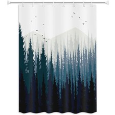 Mountain Forest Scene Fabric Shower Curtain 48x72 Inch Pine Tree Mountains Bl...