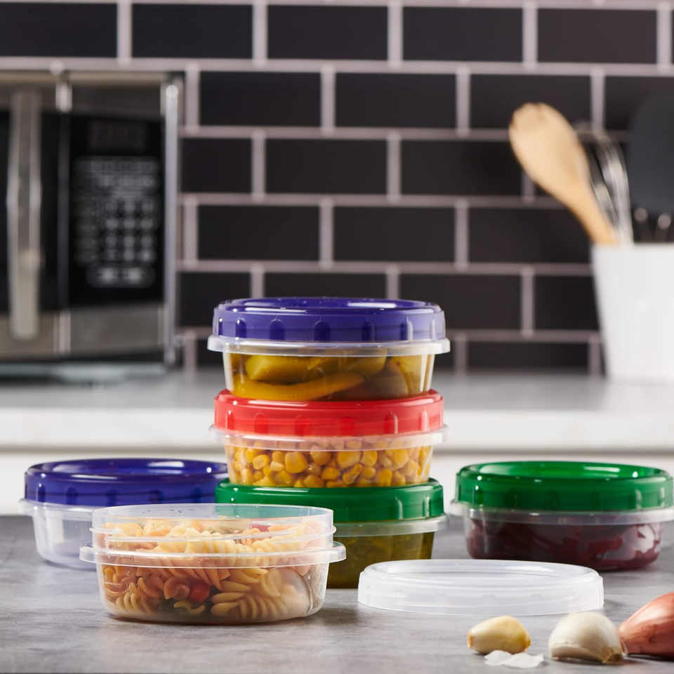 8 Ounce Plastic Food Storage Containers with Colored Twist Top Lids