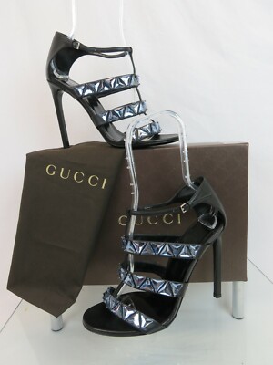 NIB GUCCI 364930 BLACK SHARLOTTE LEATHER BLUE JEWELED CRYSTALS SANDALS PUMPS 40