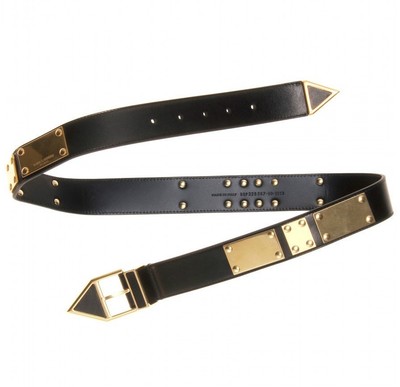 SAINT LAURENT YSL Black Leather Triangle Waist Belt Gold