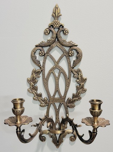 Vintage French Brass Ornate Wall Sconce Double Arm Cast Brass Candleholder EUC