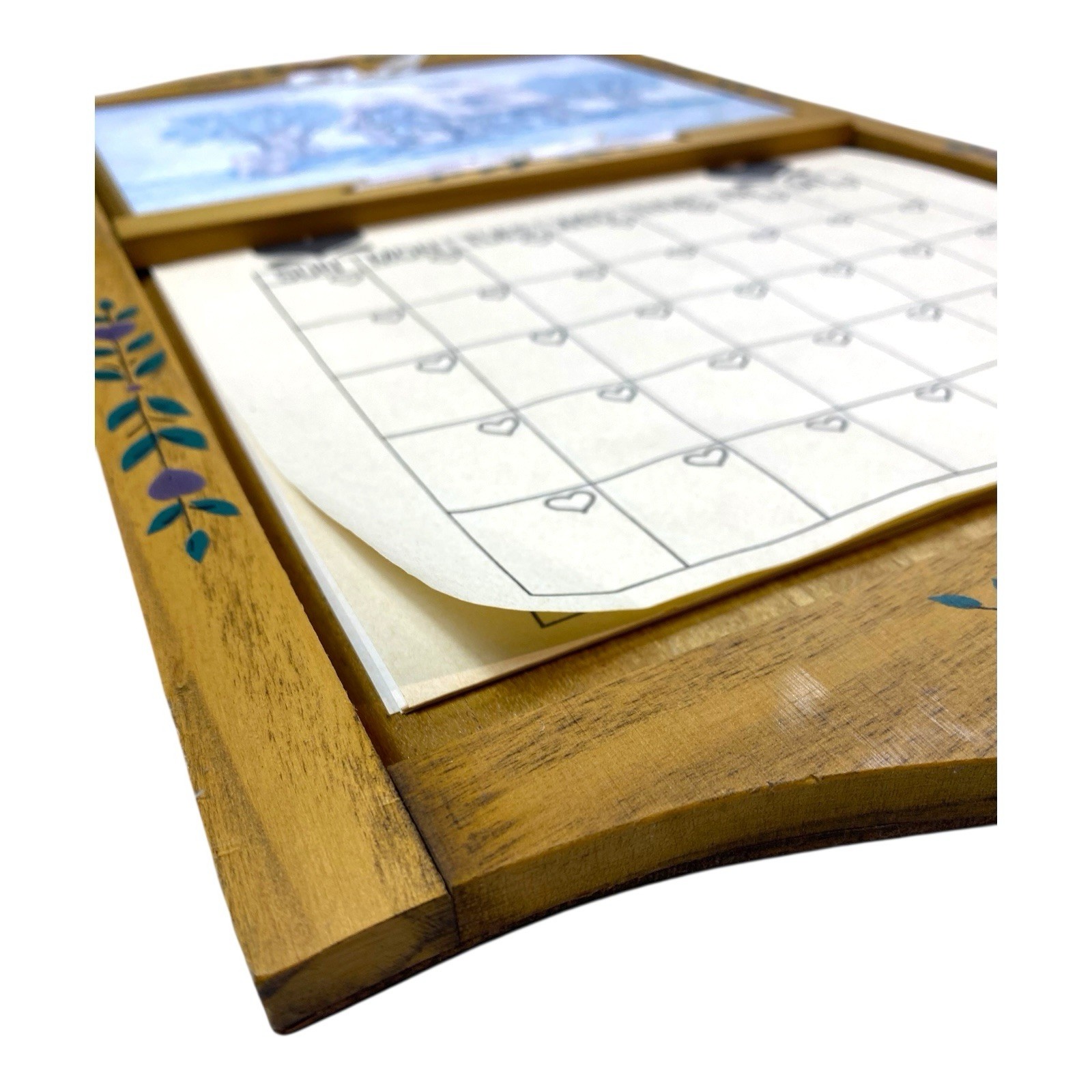 VTG 90s Wooden Perpetual Wall Calender Handpainted w Two Covers 20" x 11.5''