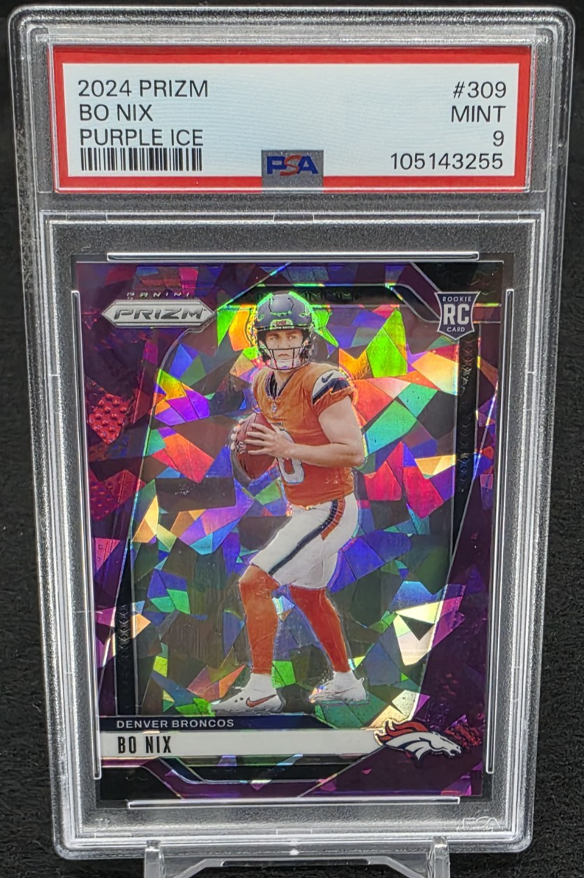 2024 Panini Prizm Rookie Bo Nix #309 Purple Ice Prizm #d /225 RC PSA 9 Broncos