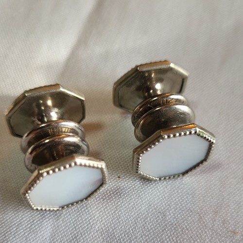 Antique Art Deco Mother of Pearl Snap Cufflinks 1920s Octagon Silver Tone