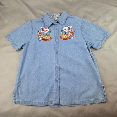 Passion Shirt Womens M Blue Denim Las Vegas Embroidered Casino Graphic