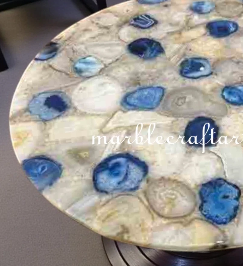 Mix Agate Round Table Top Handmade Art Crystal Blue Stone Luxury Patio Furniture - Image 4 of 4