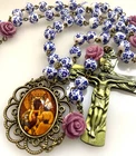 Catholic Rosary Our Lady of Czestochowa Ceramic Blue Flower Beads and Roses