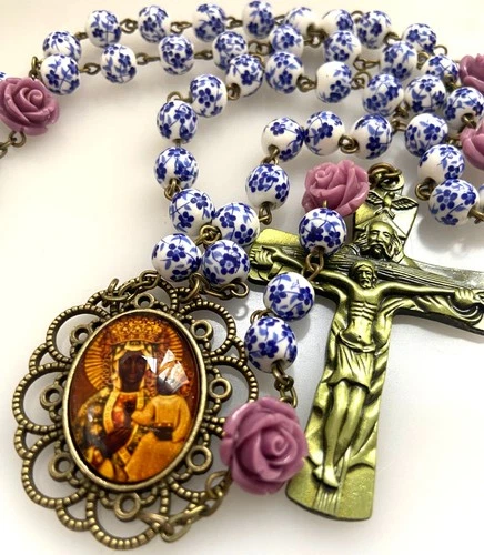 Catholic Rosary Our Lady of Czestochowa Ceramic Blue Flower Beads and Roses