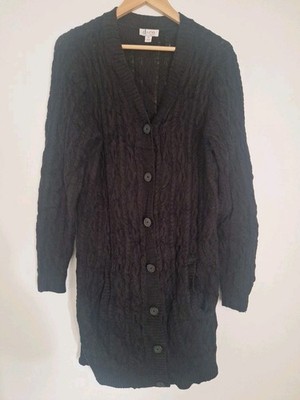 D&co Damen mittellange Strickjacke schwarz Zopfmuster Baumwollmischung Taschen