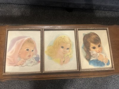 Vintage 3 Framed FRANCIS HOOK NORTHERN PAPER MILLS LITTLE GIRL Kitten 12x15