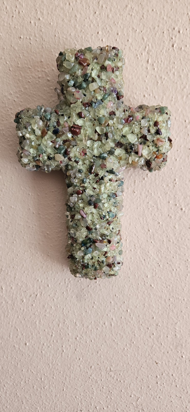 VINTAGE Handmade Folk Art Cross With Adorned With Tumbled Stones & Shells