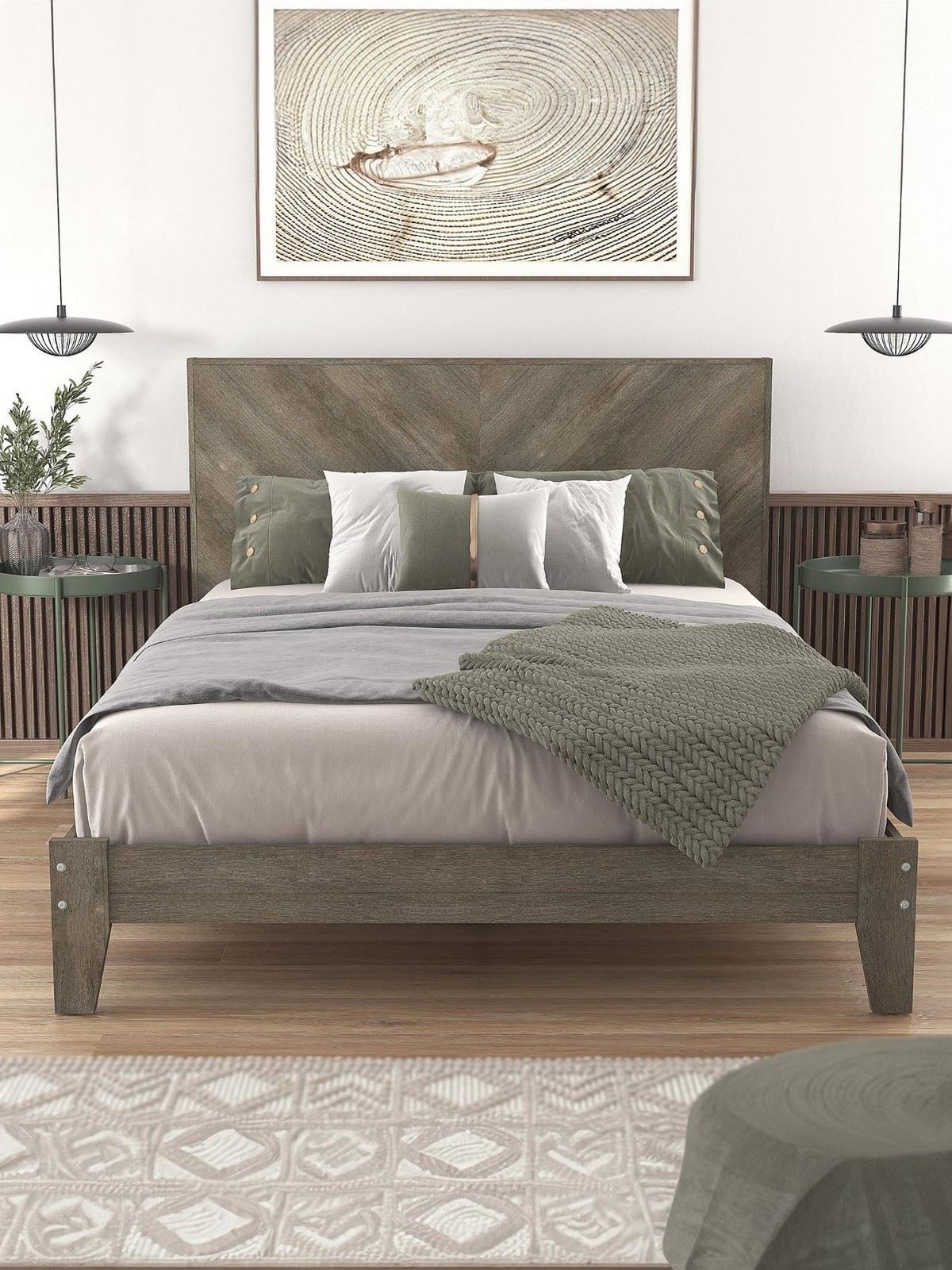 Chevry Bed Frame Double Size Grey Oak Effect | Chevron Headboard | Rustic Style