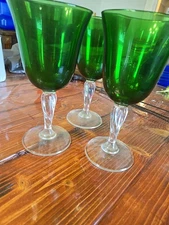 3 Emerald Green Goblet Wine Glasses