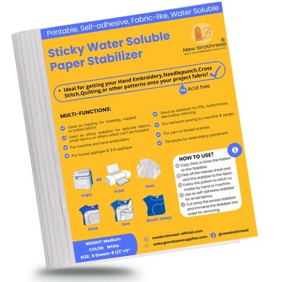 New brothread 6PCS 8.5''x11'' Sticky Water Soluble 8.5''x11'', White 