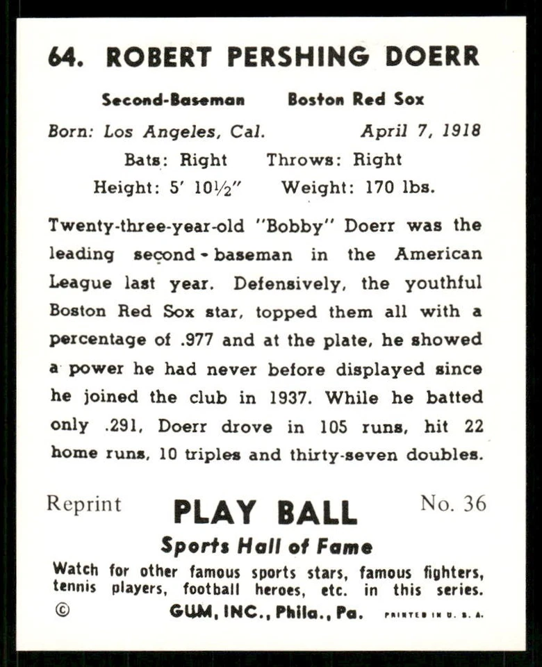 Bobby Robert Doerr 1977 Playball REPRINT Baseball Card #36 (NM) - Image 2 of 2