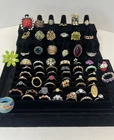 Vintage Lot Of 63 Costume Jewelry Ring Lot Gold Silver Tone Rhinestone Cocktail