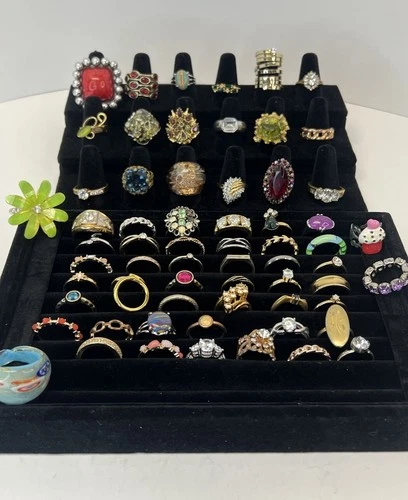 Vintage Lot Of 63 Costume Jewelry Ring Lot Gold Silver Tone Rhinestone Cocktail