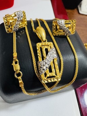 Saudi 22K 916 Real Pure Gold Rectangle Earring & Necklace 20  long 12.7g 1.6mm