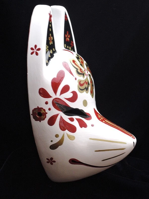 Japanese Ancient Kitsune Fox Mask -Shuka- Hand Painted Komendo Crimson Gold - Image 3 of 4