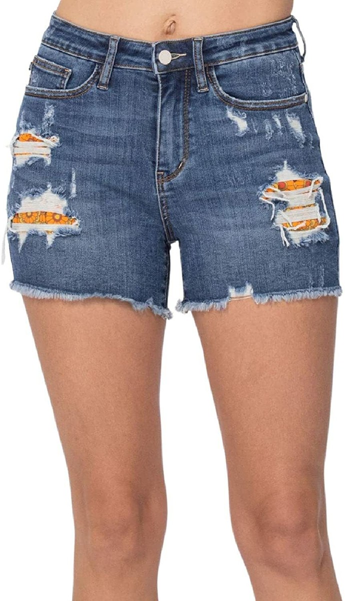 Judy Blue Womens Floral Print Pocket Lining Distressed Denim