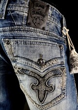 220 Mens Rock Revival Jeans "Nickey" Leather Inserts Straight 32 X 34