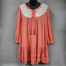 Kori Dress Women Small Long Sleeve Coral Shift Lace Tassel Prairie Cottagecore