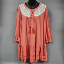 Kori Dress Women Small Long Sleeve Coral Shift Lace Tassel  Prairie Cottagecore 